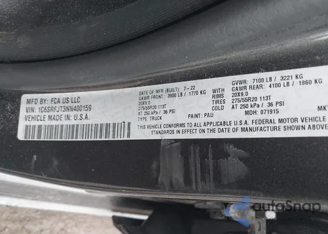 2022 Ram 1500 Laramie 4X4 5'7 Box z USA, uszkodzony, nr VIN 1C6SRFJT3NN400159